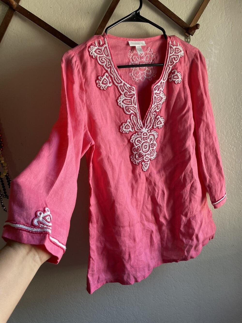 Charter Club 100% Linen Pink Embroidered Tunic Beaded Bodice Bracelet Sleeves m